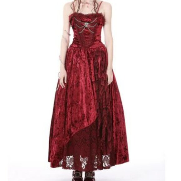 Dark In Love Blood Rose Red Velvet & Lace Gothic Maxi Dress w/ Chain Accent XL - Picture 2 of 16